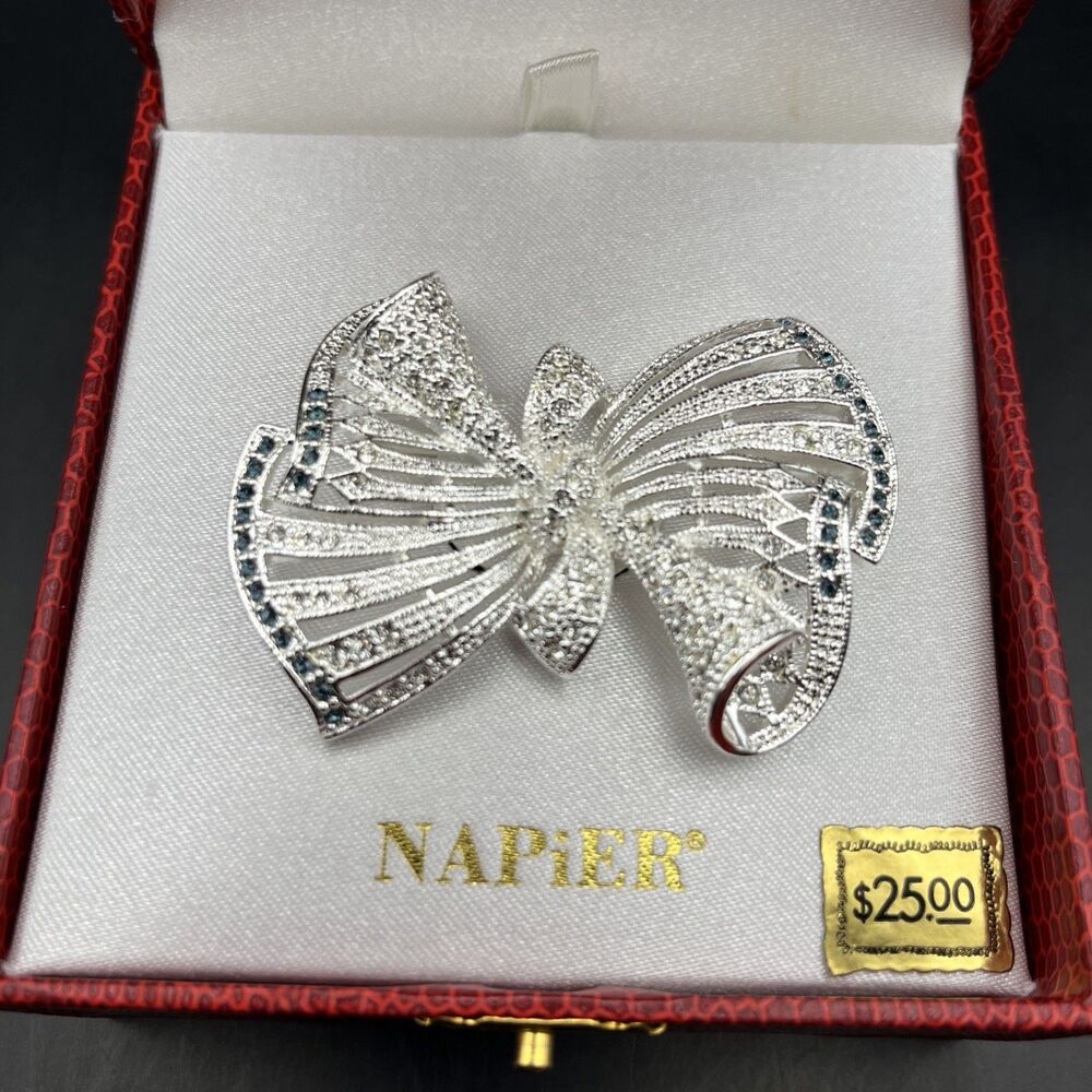 Napier Bow Brooch Pin Silver Tone Blue Clear Rhinestone New In Box
